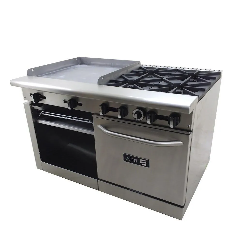 Estufa A Gas 4 Fuegos Abiertos + Plancha 24" + Horno + Gratinador Asber AMR-48