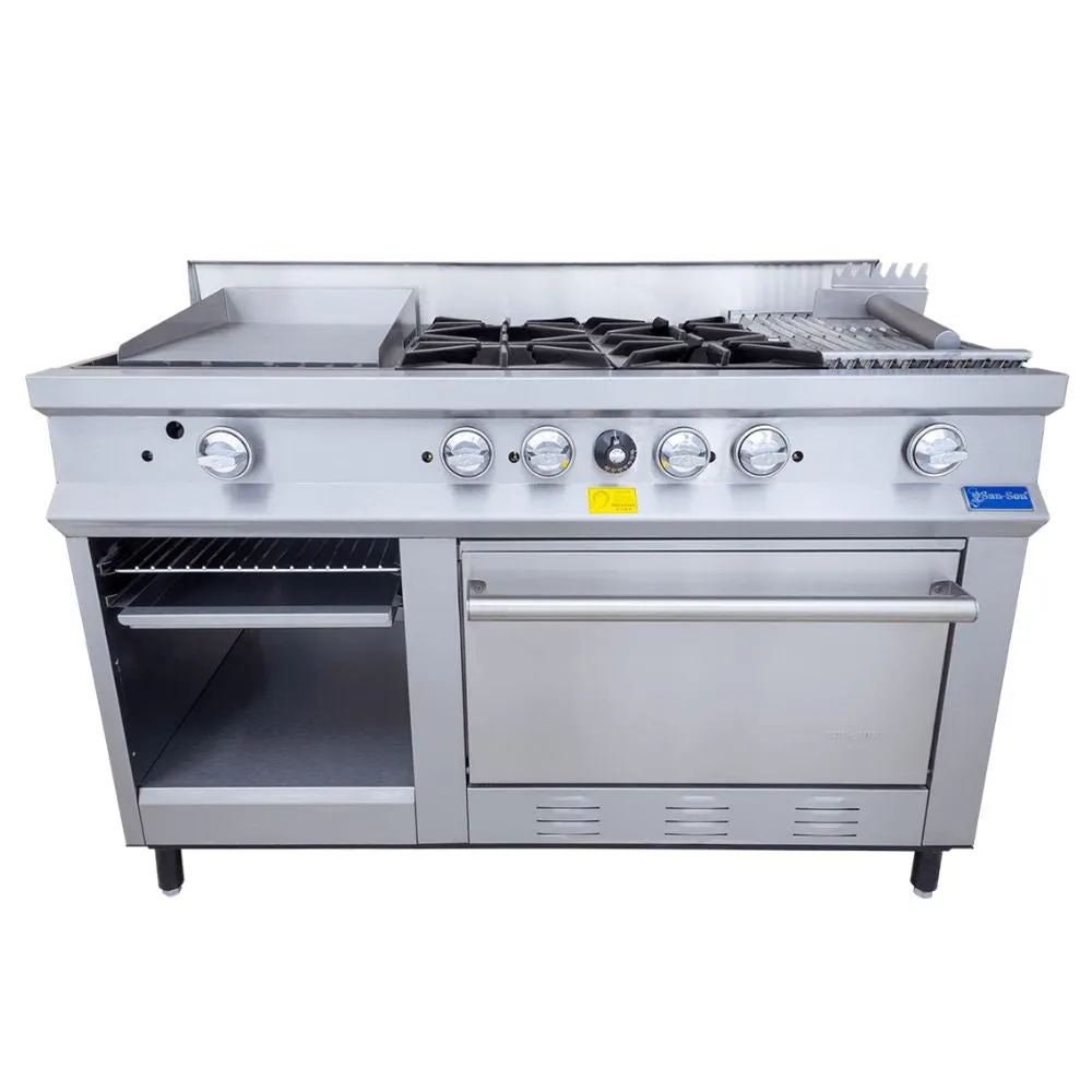 Estufa Compacta a Gas 4 Quemadores, Plancha, Gratinador, Asador, Horno, Alacena San-Son SSEC