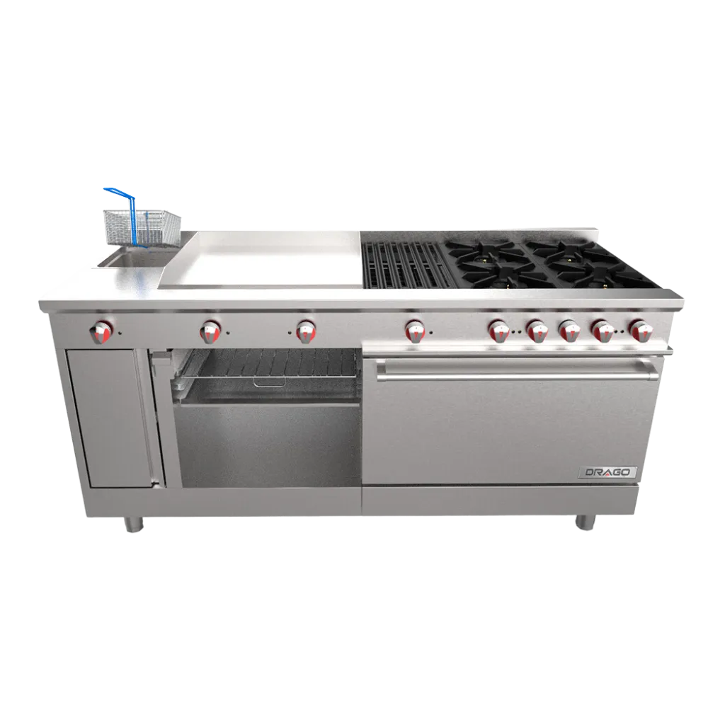 Estufa 4 Quemadores, Horno, Asador de 1 Pie, Plancha de 2 Pies, Freidora y Gratinador Drago UNIVERSAL PD