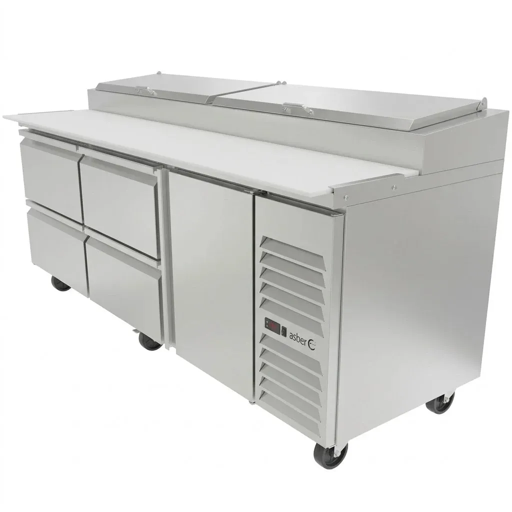 Mesa Refrigerada Para Pizzas Premium 1 Puerta 4 Cajones Acero Inox 30.2 Pies Asber APTP-93-D4 P HC