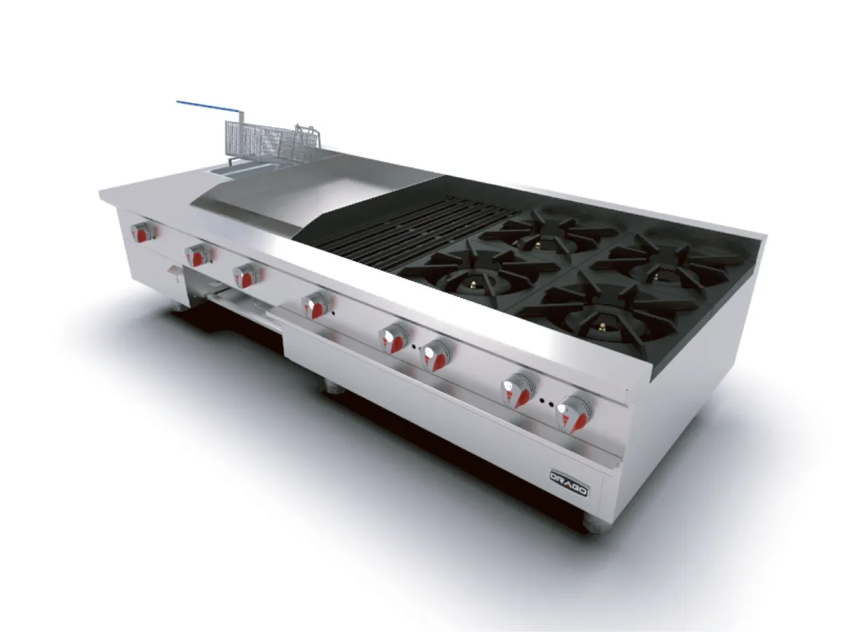 Estufa De Mesa 4 Quemadores, Asador de 1 Pie, Plancha de 1 Pie, Freidora y Gratinador Drago UNIVERSAL UDM