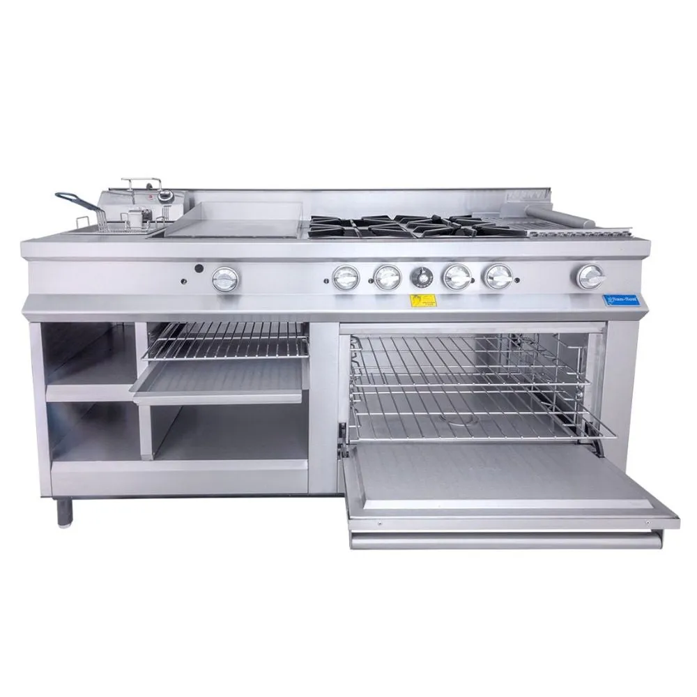 Estufa Maestra a Gas 4 Quemadores, Plancha, Gratinador, Freidor, Asador, Horno, Alacena San-Son SSEM