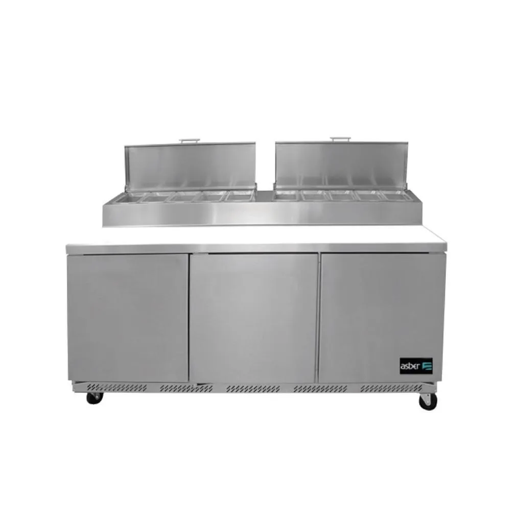 Mesa Refrigerada Para Preparación Pizza 3 Puertas Acero Inox 20.6 Pies Asber APTP-72 HC