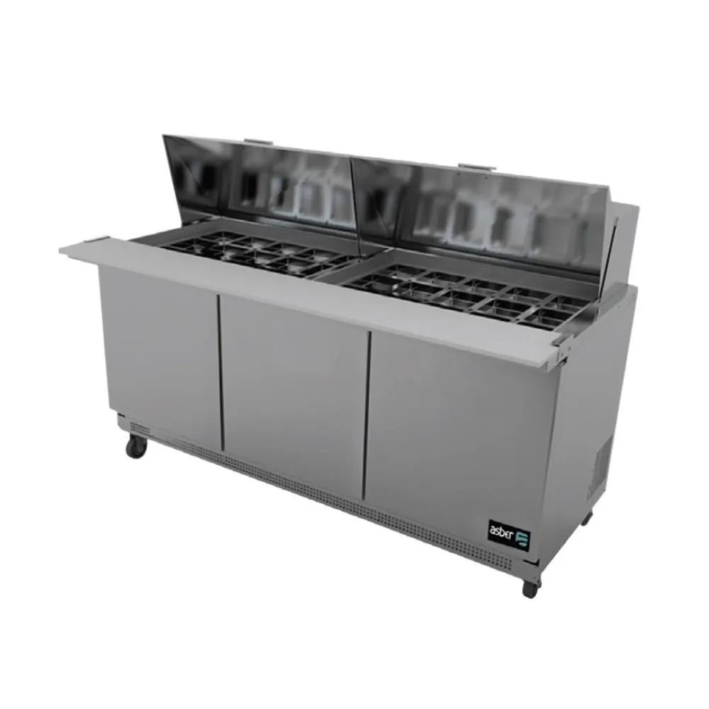 Mesa Refrigerada Para Preparación 3 Puertas Acero Inox 20.6 Pies Asber APTM-72-30 HC