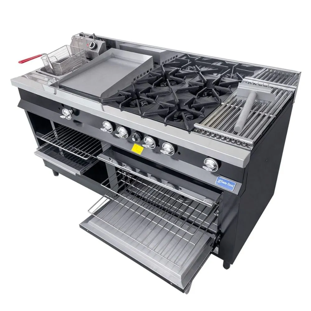 Estufa Maestra Black a Gas 4 Quemadores, Plancha, Gratinador, Freidor, Asador, Horno, Alacena San-Son SSEMB