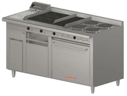 Estufa Múltiple Eléctrica 4 Platos 2600W C/U, Plancha, Gratinador, Freidor Resistencia 1800W, Horno Resistencia 4870W, 220V, Control De Temperatura Independiente Coriat MULTIPLE-E MASTER